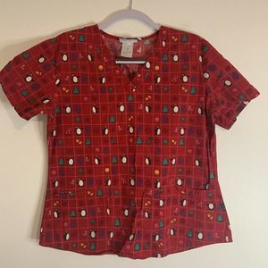 SB Scrubs Red V-Neck Penguin Scrub Top Medical Uniform Small